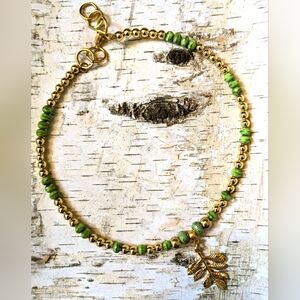 Pistachio Green & Gold Beads In  Gold Plated Choker Necklace In With Leaf Pend